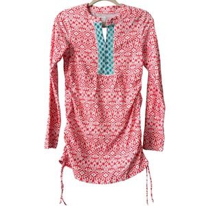 CabanaLife Long Sleeve Rash Guard Tunic Swim Cover Up Coral White Med